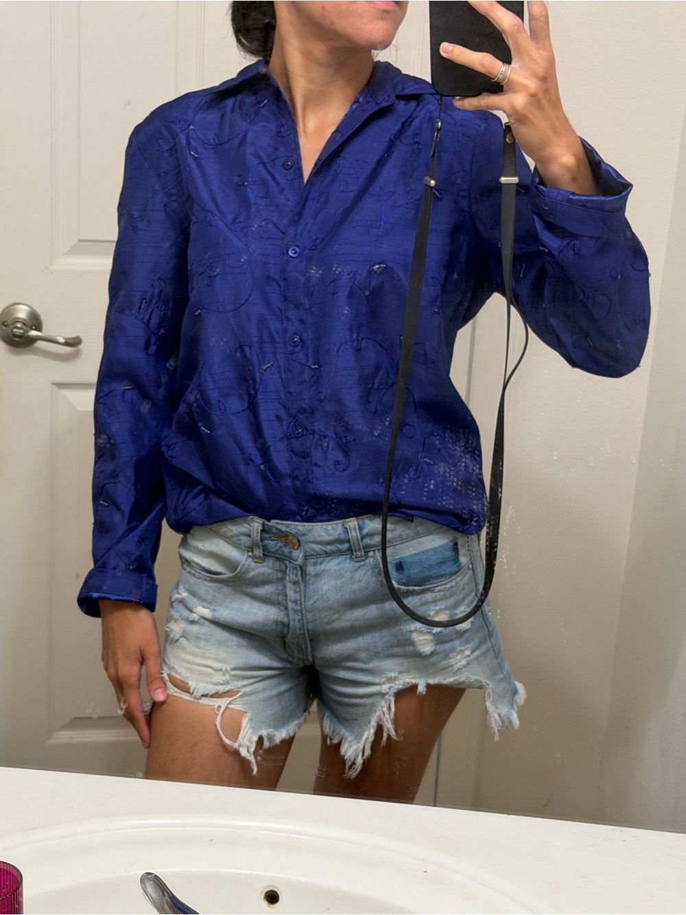 Womens Blue Embroidered Button Front Blouse Size S Floral Sequin Accent Top